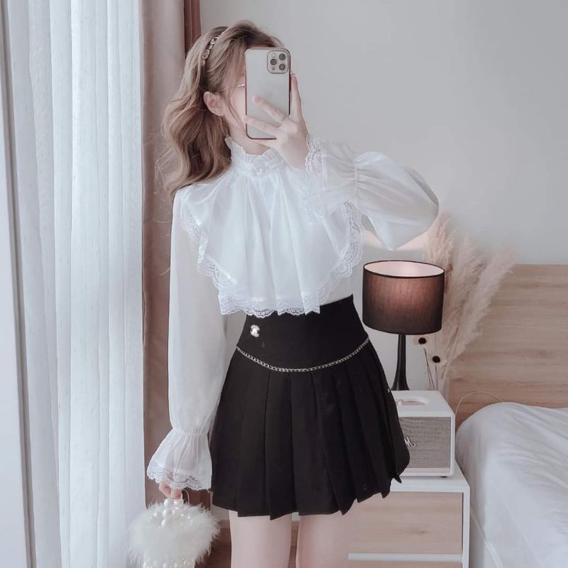 Áo sơ mi nữ tiểu thư pha ren dáng bánh bèo cổ trụ mới dài tay bồng vải voan - Áo sơ mi nữ form rộng kiểu hàn tay phồng