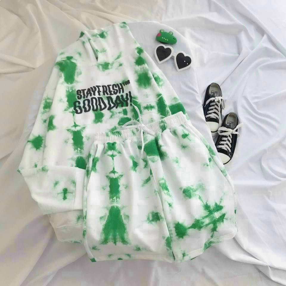 Sét Bộ Hoodies Nữ 2 Món Áo Có Nón Kết Hợp Quần Đùi Chất Nỉ Loang Màu In Pokemon Form Rộng Siêu Hót NEW UNISEX