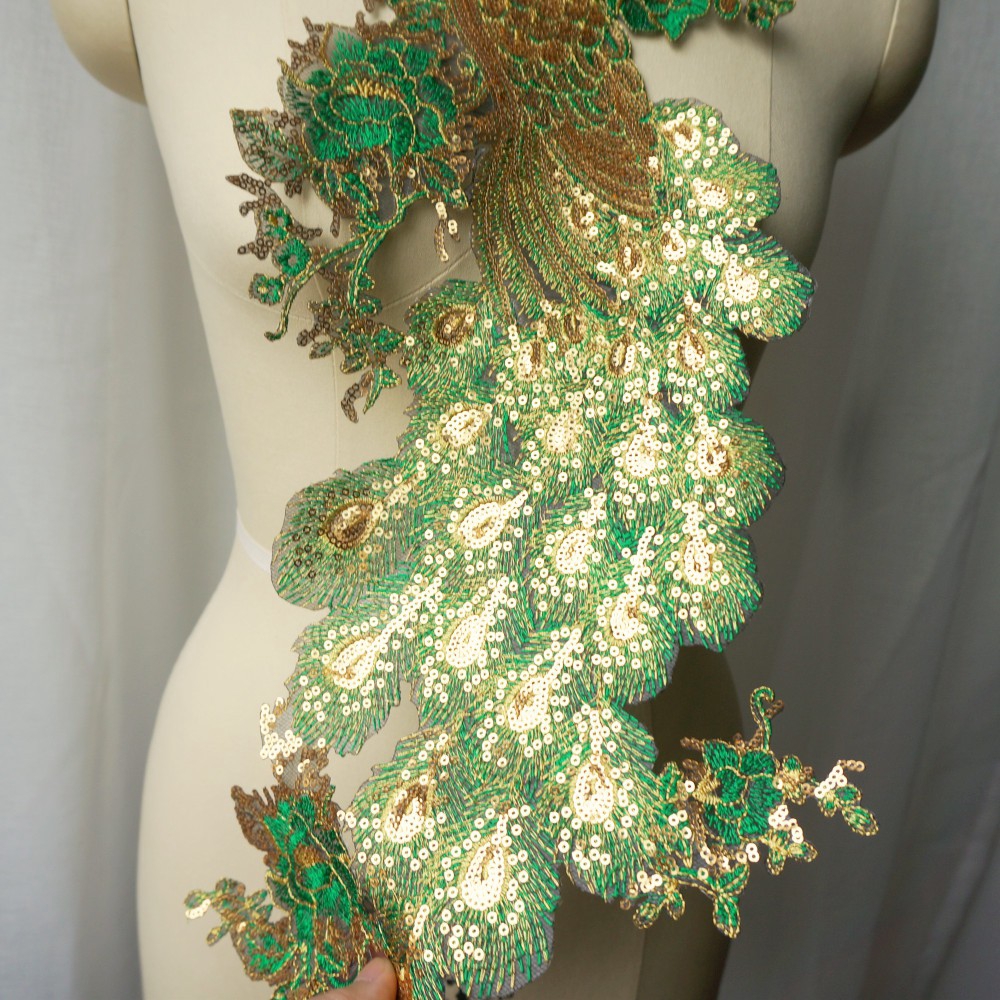 Huy Hiệu Thêu Hình Chim Công Đính sequin Màu Xanh Lá diy