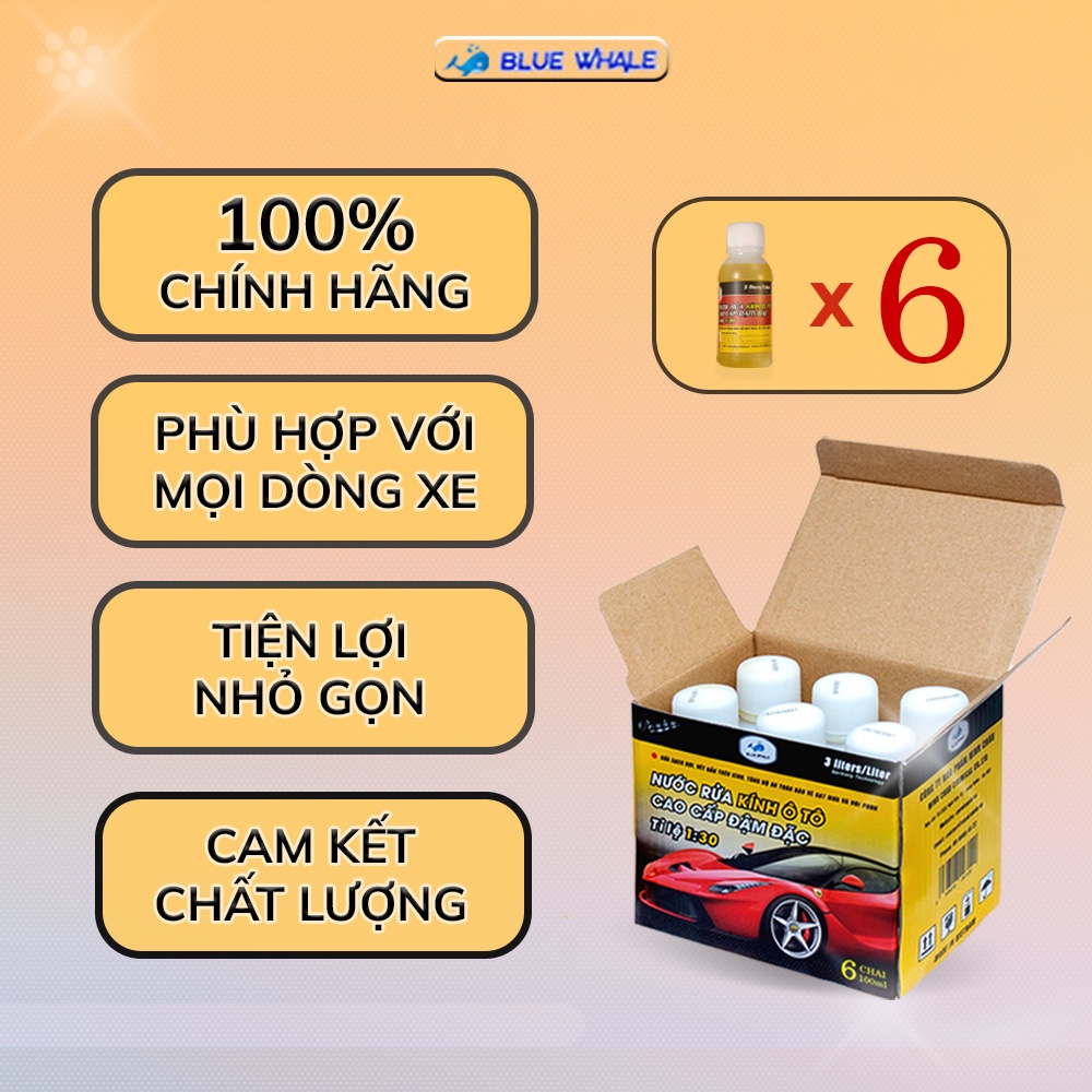 Hộp 6 chai nước rửa kính ô tô đậm đặc chính hãng BlueWhale 100ml tỉ lệ