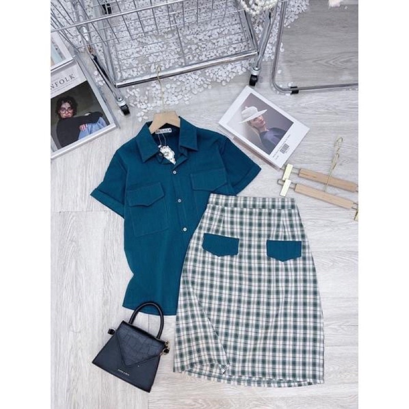 Sét Áo Caro xanh phối chân váy
