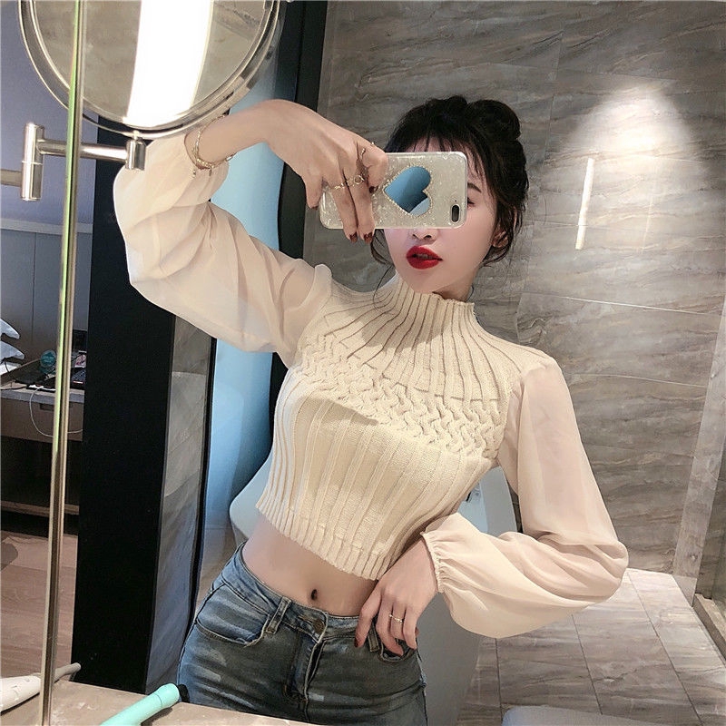 Women's White long Sleeve Croptop Sexy Knit Shirt