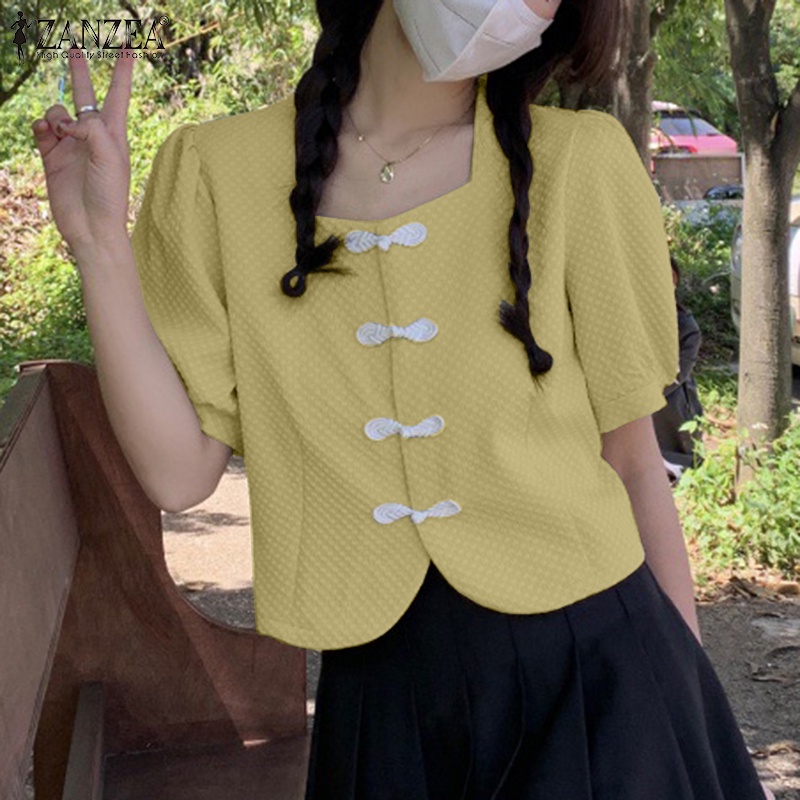 Zanzea Áo Kiểu Tay Ngắn Cổ Vuông Phong Cách Hàn Quốc Thanh Lịch Dành Cho Nữ