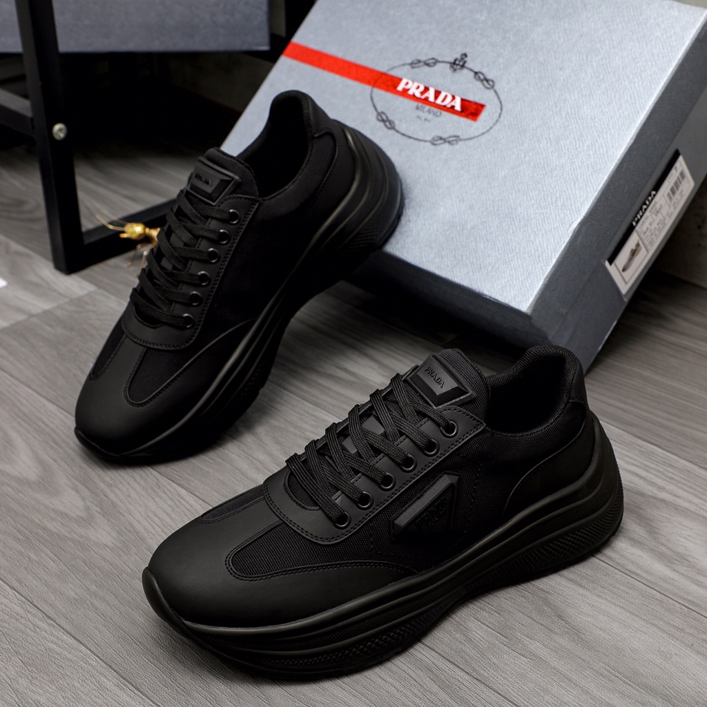 Giày sneaker da thật thời trang cao cấp Prada màu đen, phong cách thể thao, năng động