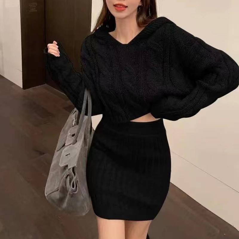 Bộ Áo Sweater Dệt Kim Có Mũ Trùm + Chân Váy Eo Cao Co Giãn Tốt Kiểu Vintage Phương Tây Thời Trang 2022