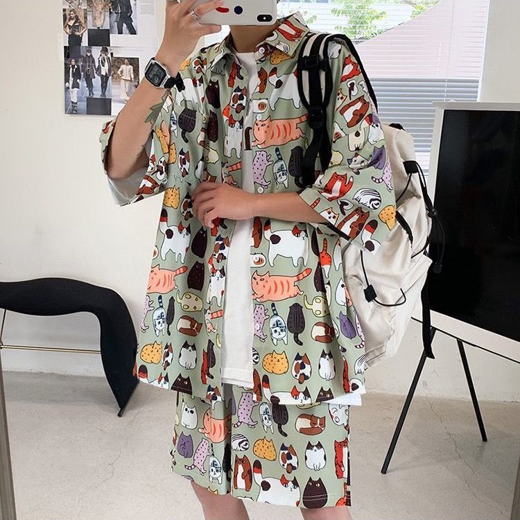 Bộ Đồ Áo Sơ Mi Tay Ngắn Phối Quần Short Dáng Rộng Kiểu Đường Phố Nhật Bản Thời Trang Mùa Hè Cho Nam