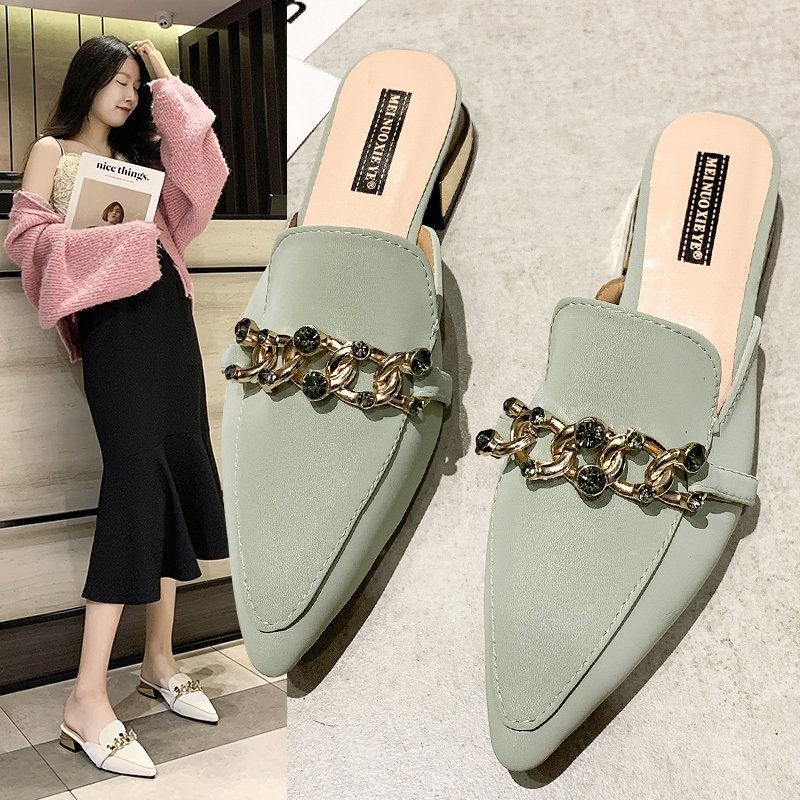 Baotou nửa dép phụ nữ 2022 mùa hè mới mũi nhọn giày mules phiên bản Hàn Quốc giày dép rhinestone phụ nữ