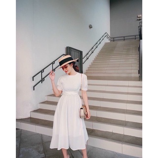 Đầm váy freesize trắng cổ tròn chéo eo