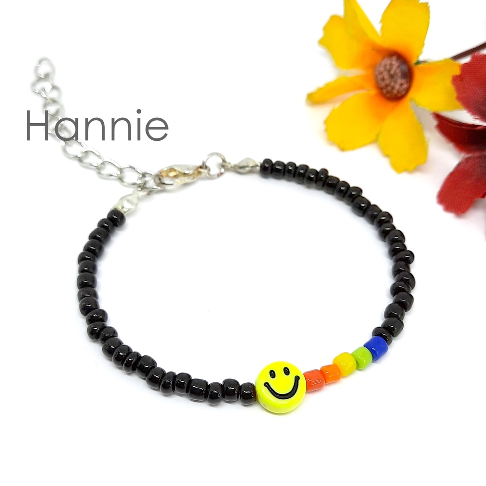 (Trắng/Đen) Set hạt cườm nhựa cầu vồng rainbow mặt cười smile handmade - Combo vòng tay nhẫn dành cho nam nữ đơn giản