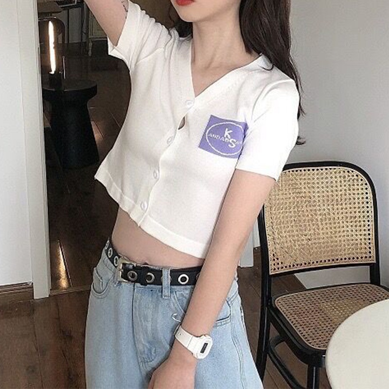 Áo Cardigan Dệt Kim Tay Ngắn Cổ Chữ V Thêu Chữ Màu Sắc Thời Trang Mùa Hè Cho Nữ