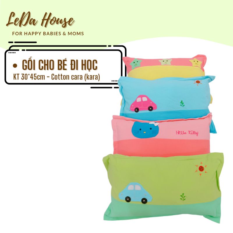Gối trẻ em LEDA, Gối cho bé đi học 30*45cm, Gối gòn microfiber vỏ gối cotton cara mềm mại