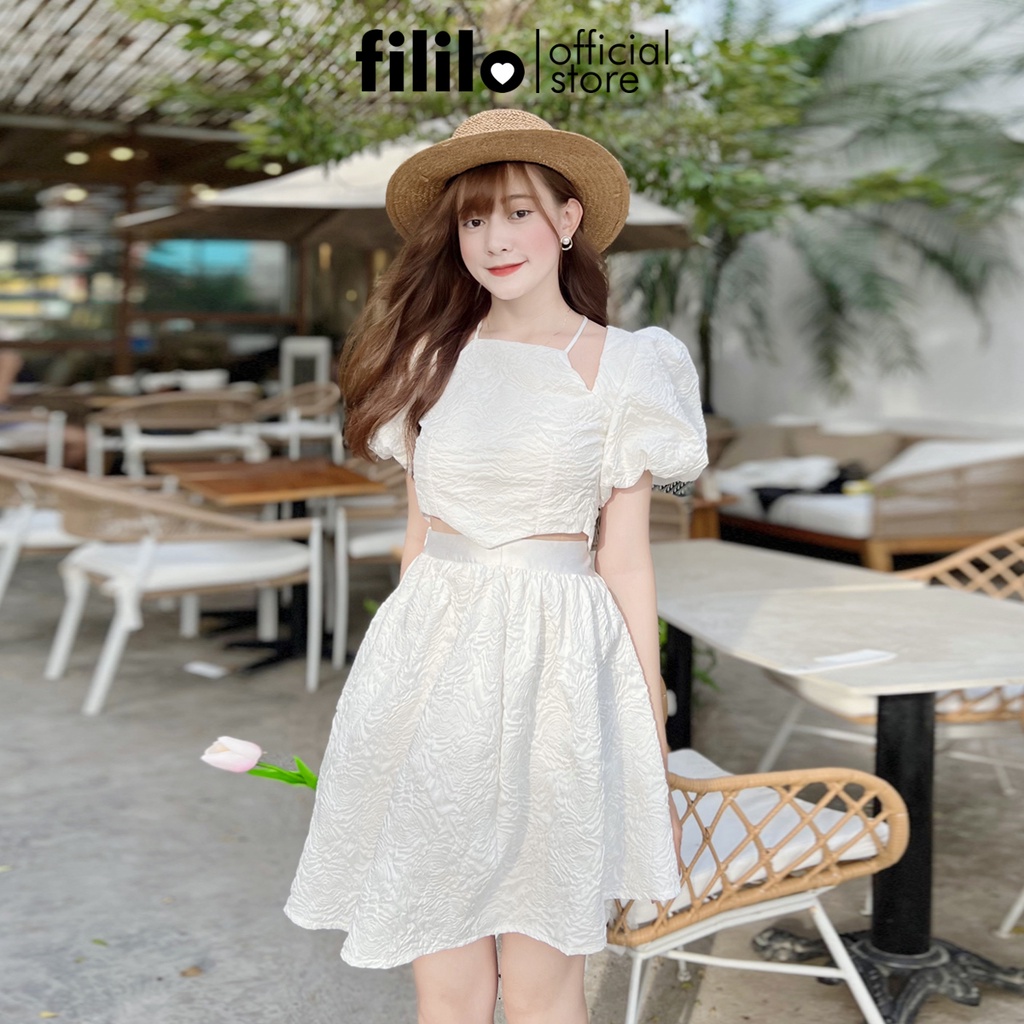 Set Áo Cổ Yếm Dây Đan Lưng Tay Phồng và Chân Váy Ngắn Xòe White Rose Set FILILO Đầm Dự Tiệc Thiết Kế Cao Cấp Trắng
