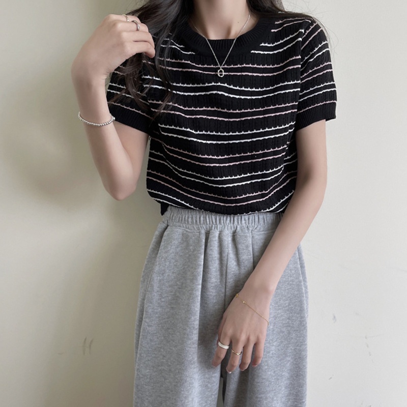 Áo Thun Dệt Kim Tay Ngắn Cổ Tròn Họa Tiết Kẻ Sọc Màu Sắc Tương Phản Thời Trang Cho Nữ