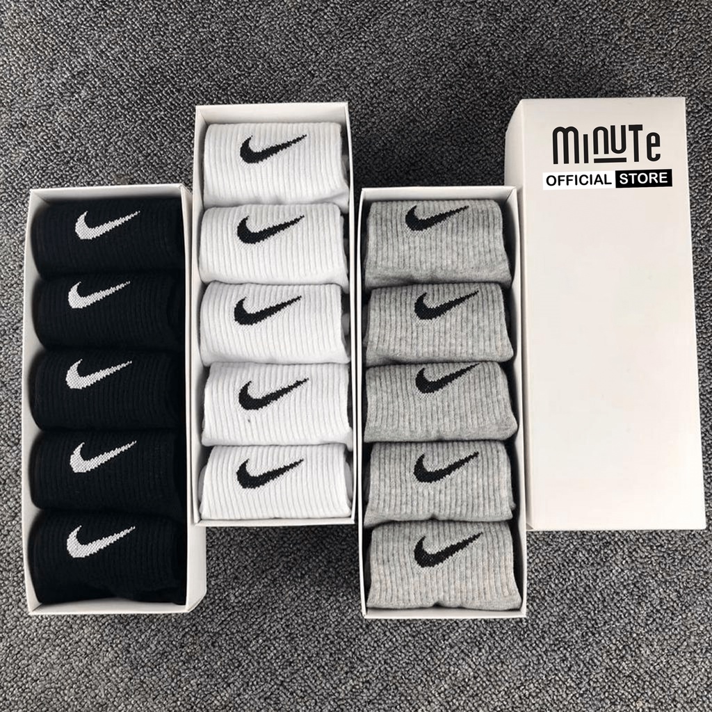 [ SET 5 ĐÔI ] Tất nike cao cổ dệt kim 3 màu trắng, xám, đen, dày dặn không gây mùi