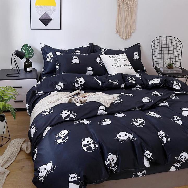 Bộ chăn ga gối drap giường chất cotton poly họa tiết gấu trúc đen