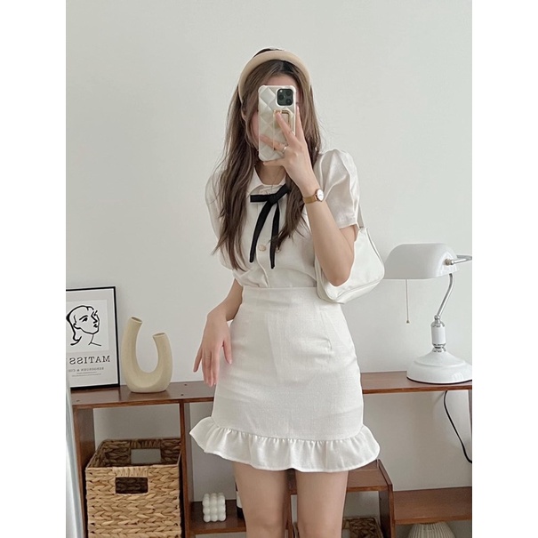Set bộ đồ nữ Hàn Quốc chất liệu dạ text gồm áo cộc tay thắt nơ kèm chân váy ngắn đuôi cá siêu tiểu thư (TTA142)
