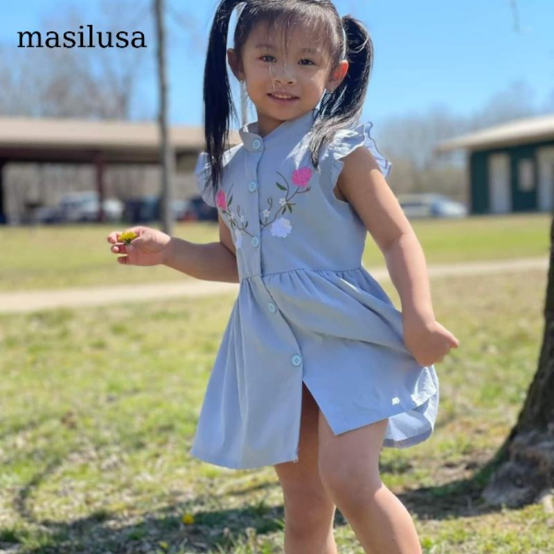 Đầm linen bé gái 3-7 TUỔI, 15KG-35KG bé gái Mùa Hè Size 15kg 35kg