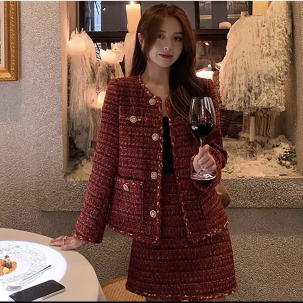 Set Dạ Tweed Màu Đỏ Mận Cúc Đồng Phong Cách Sang Chảnh Thu Đông Có Ảnh Thật_ Hàng ORDER