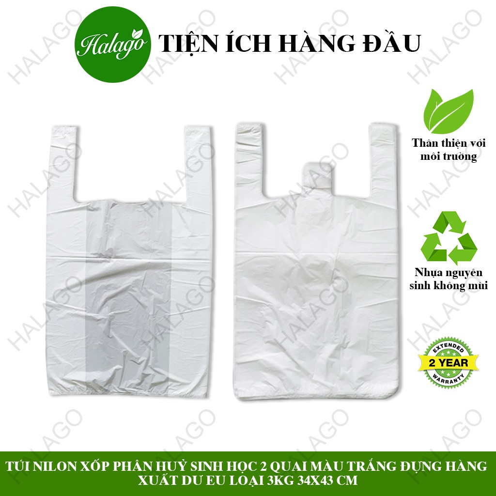 Túi nilon xốp 2 quai phân huỷ sinh học màu trắng, nâu xuất dư EU 100 túi/ tệp loại 3kg HALAGO phân phối