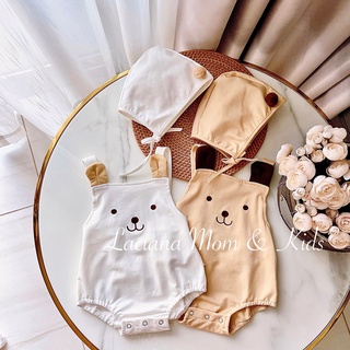 Body suit yếm mặt gấu dễ thương kèm nón cao cấp cho bé gái