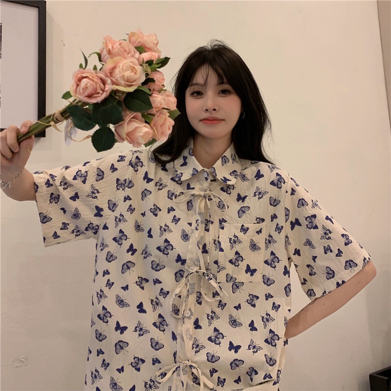 SUXI Áo Sơ Mi Tay Ngắn Dáng Rộng In Họa Tiết Bướm Phong Cách Cổ Điển Thời Trang Mùa Hè Cho Nữ