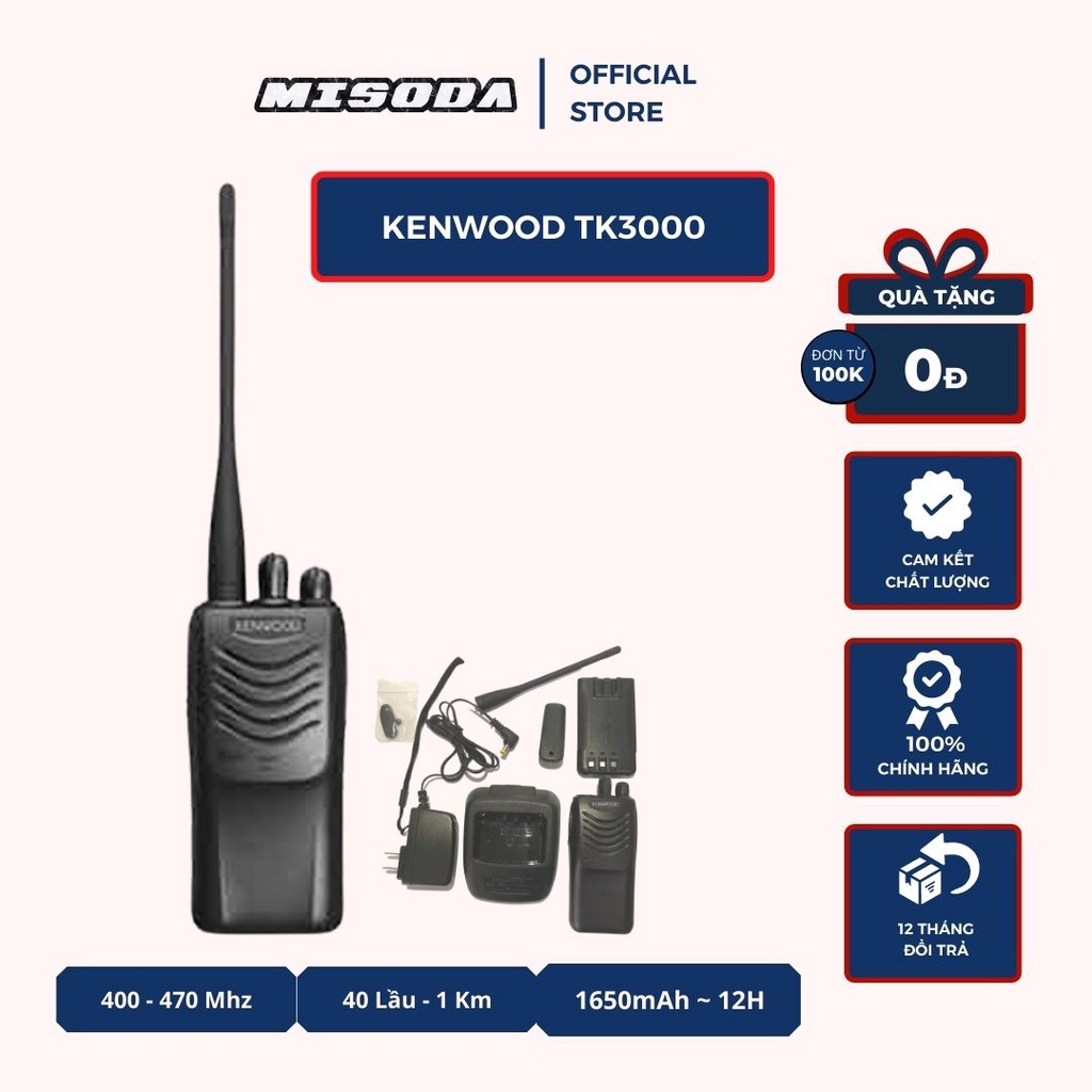 Bộ đàm Kenwood TK 3000, 16 kênh, chống bụi IP54/55, nhỏ nhẹ, âm thanh lớn