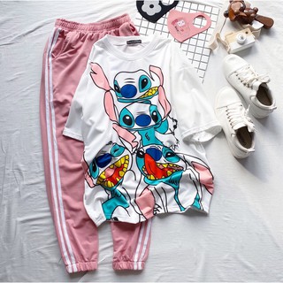 Set áo tay lở 3D Stitch + quần hồng 2 sọc unisex