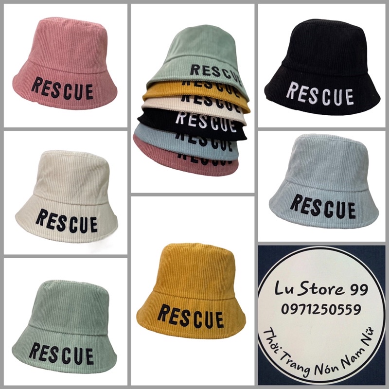 MŨ BUCKET NHUNG TĂM THÊU NỔI LOGO CHỮ RESCUE HOT HIT - BUCKET NAM/NŨ