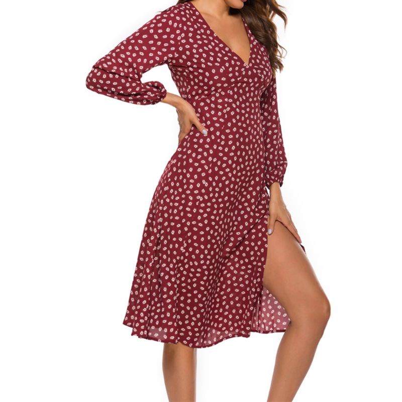 Xiangbao Đầm Midi Dài Tay Phồng Cổ Chữ V Xẻ Sâu Cao Gợi Cảm Cho Nữ Fl