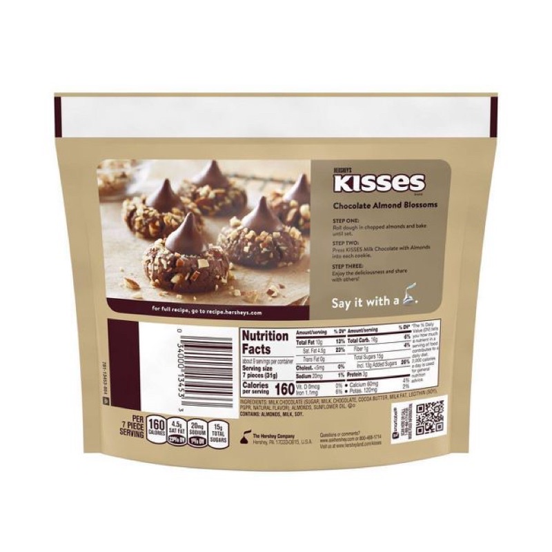 [Date 02/24] Kẹo Socola Mỹ Hershey's Kisses nhân hạnh nhân túi 283g