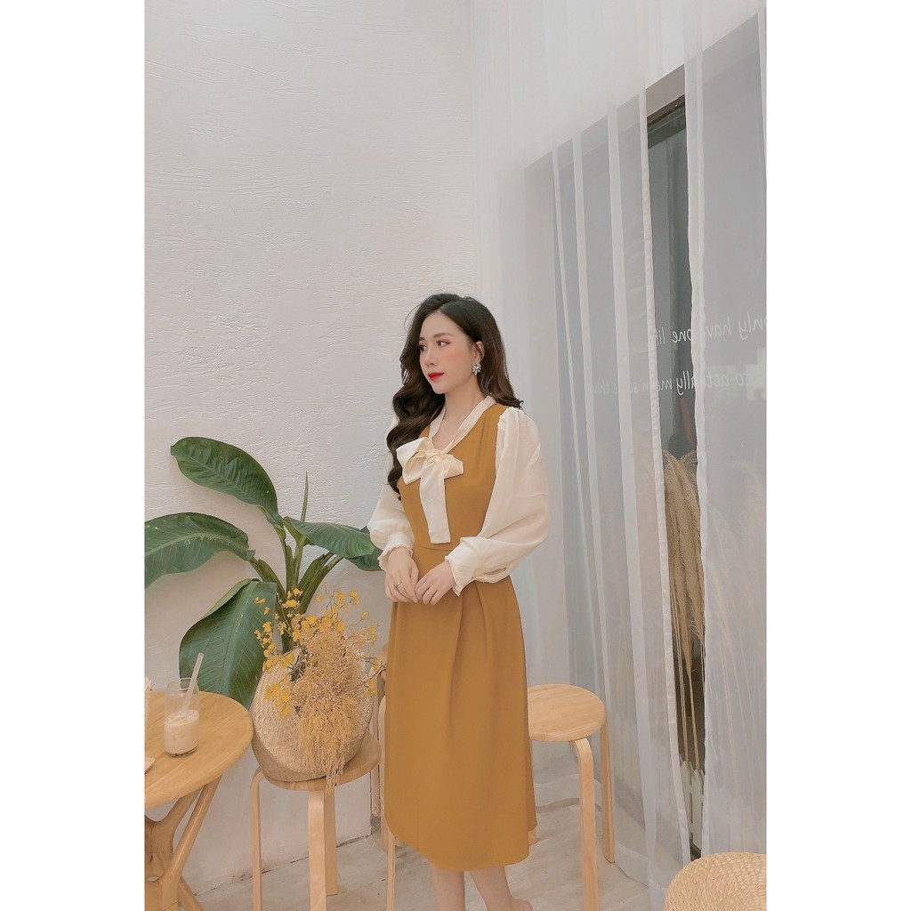 Váy suông tiểu thư phối tay thắt nơ xinh xắn 2 màu xinh xắn | BigBuy360 - bigbuy360.vn