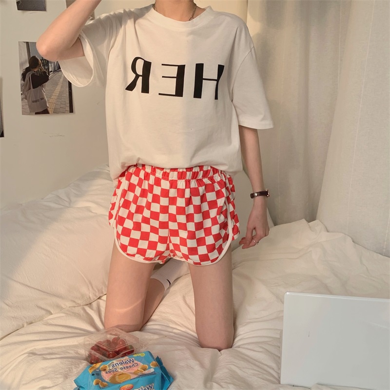 Quần đùi cotton lưng thun ống rộng họa tiết ca rô trẻ trung thời trang dành cho nữ