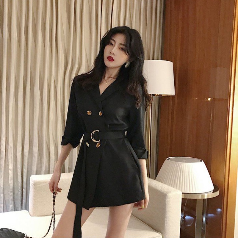 IELGY   Áo Khoác blazer Dáng Rộng Hai Hàng Nút Buộc Eo Thời Trang Cho Bạn Gái