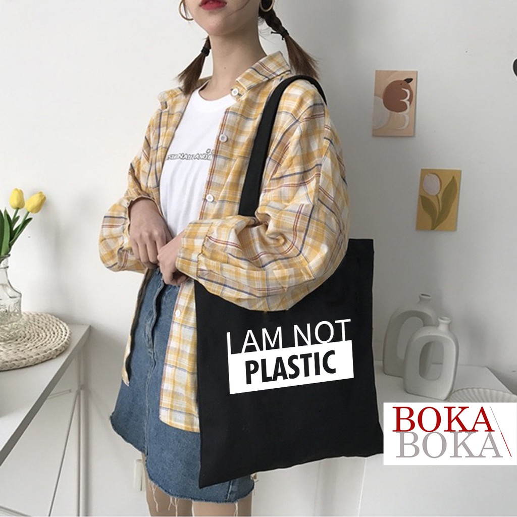 Túi Tote Canvas Màu Đen Có Khóa In Hình I Am Not Plastic Bảo Vệ Môi Trường