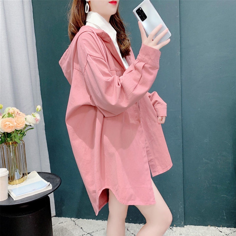 Áo Sơ Mi Denim Có Mũ Trùm Phong Cách Hong Kong Cổ Điển Thời Trang Xuân Thu Mới 2021 Dễ Phối Đồ Cho Nữ