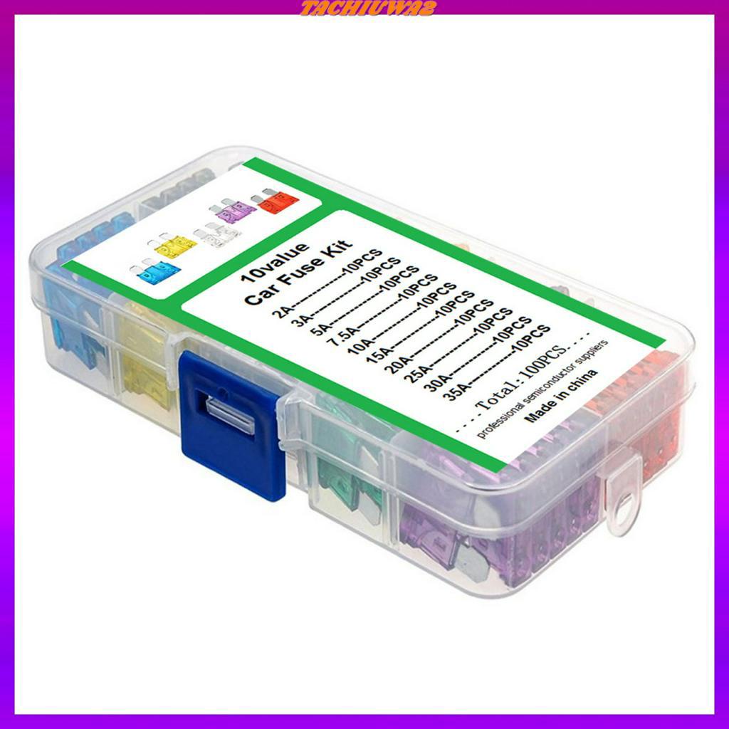 Set 100 Cầu Chì Tiêu Chuẩn 2A 3A 5A 7.5A 10A 15A 20A 25A 30A 35A Kèm Hộp Đựng