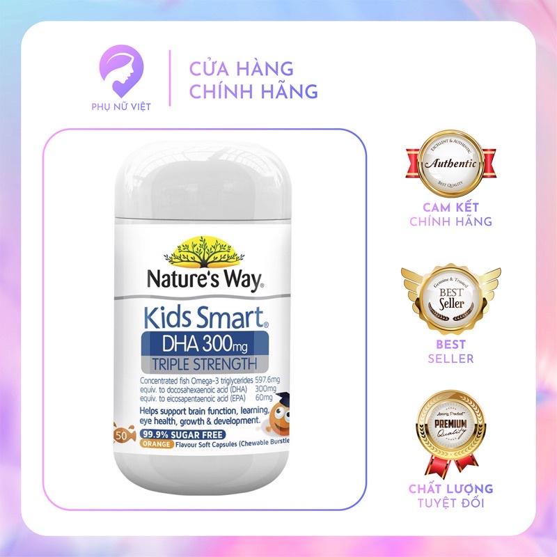 Viên Nhai Nature's Way Kids Smart DHA 300mg Triple Strength Tăng Cường Sự Phát Triển Của Trẻ 50 Viên
