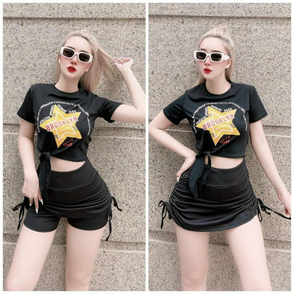 Đồ tập gym nữ,set áo croptop sao mix  chân váy rút dây nhảy aerobic, yoga,biểu diễn, đi bơi,đồng phục nữ