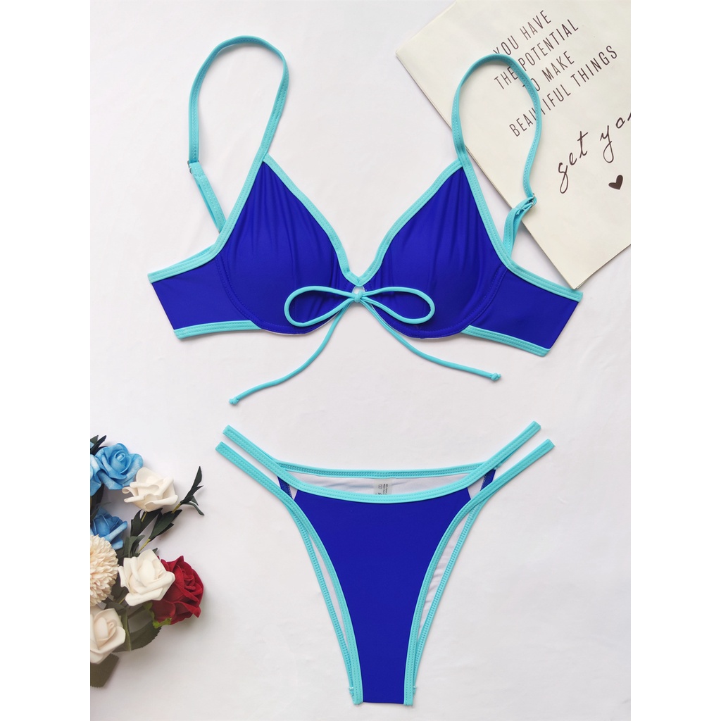 Bộ bikini có mút nâng ngực màu xanh dương đính đá CA46
 | BigBuy360 - bigbuy360.vn