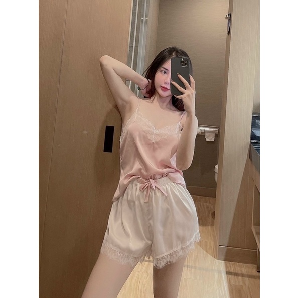 Set ngủ 2 dây lụa phối ren sexy cao cấp