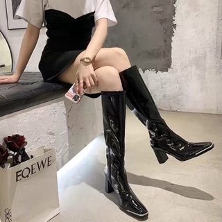 Bốt đùi nữ da bóng mũi viền bạc,Giày Bốt đùi nữ da bóng gót vuông 8 phân khóa nửa cạnh thời trang phong cách mùa đông]