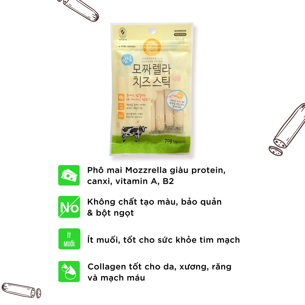 Xúc xích phô mai cho chó Bow wow mozzarella cheddar 70g, thức ăn vặt dinh dưỡng tăng cân cún lớn nhỏ Con Mèo Xiêm