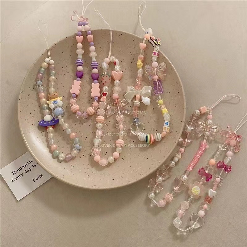 Vòng Tay Dây Xỏ Hạt Chống Thất Lạc Hình Gấu / Trái Tim / Quả Đào Màu Hồng Phong Cách Hàn Quốc