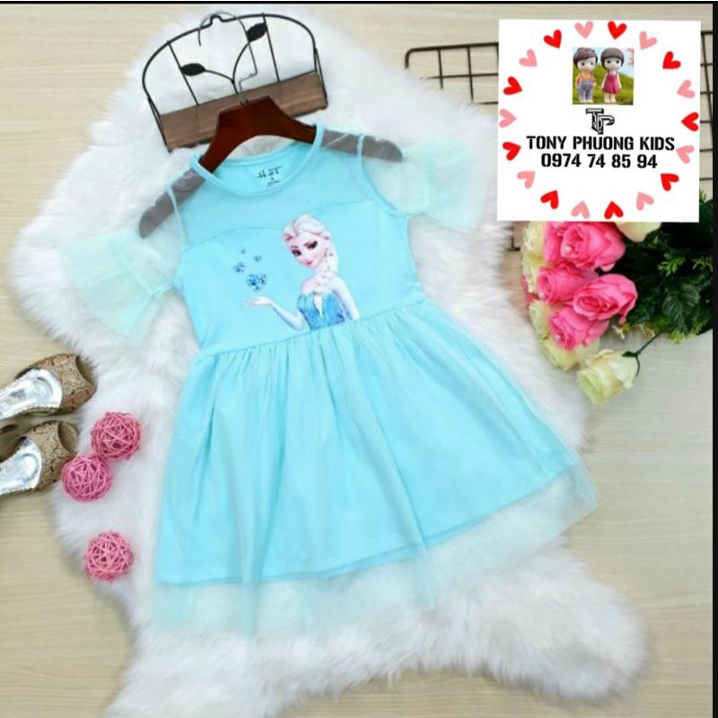 Đầm thun bé gái in hình ngựa Pony, Elsa chất thun cotton dưới thêm lớp lưới, cotton thoáng mát thấm hút tốt