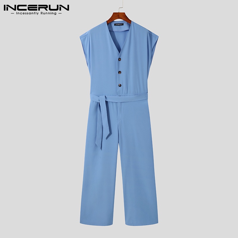 Bộ áo liền quần INCERUN cổ chữ v không tay cài nút thắt lưng thời trang mùa hè cho nam