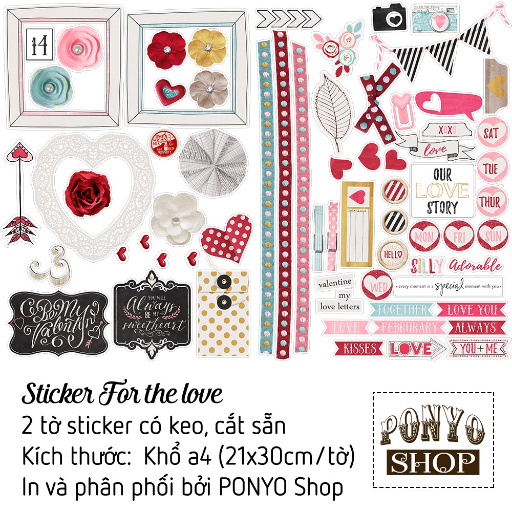 [CÓ SẴN] Kit trang trí Scrapbook For the love ❤ (Giấy họa tiết + Set sticker cắt sẵn)