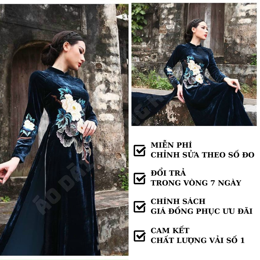 ÁO DÀI NHUNG CHO MẸ HÀNG CAO CẤP THÊU TAY TRUYỀN THỐNG HÀNG THIẾT KẾ CHO BÀ SUI, ĐI DỰ TIỆC CƯỚI MÀU XANH CỔ VỊT