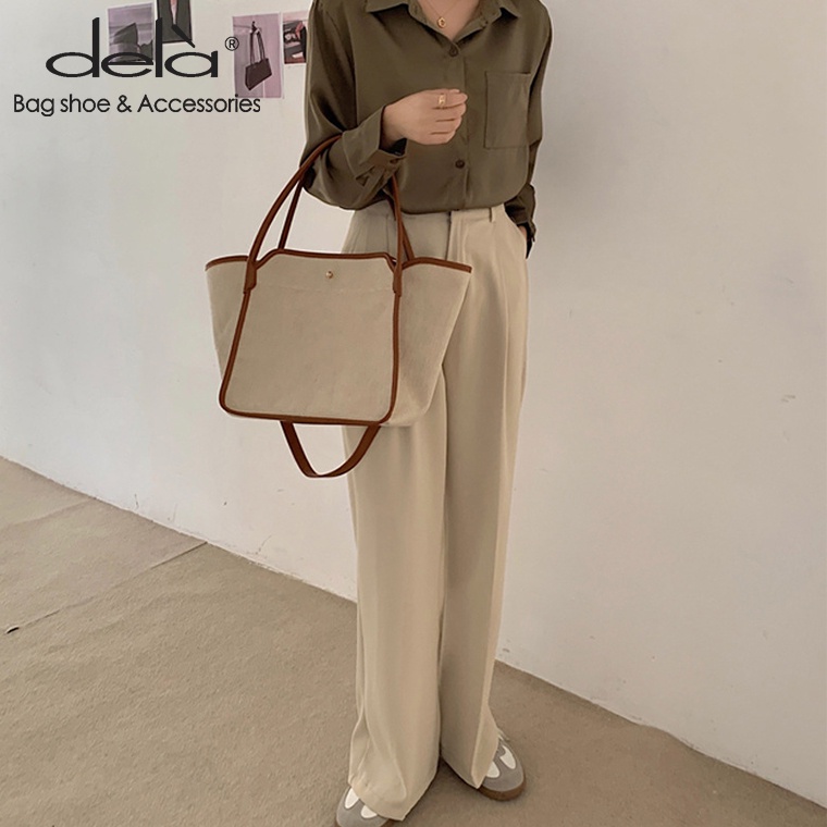 Dela Túi vải Phối Da Hai Màu Đeo Chéo Vai Đa Năng