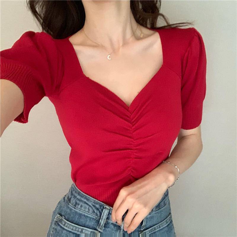 Áo Dệt Kim Tay Phồng Ngắn Cổ Chữ V Nhiều Màu Thời Trang Mùa Hè Cho Nữ