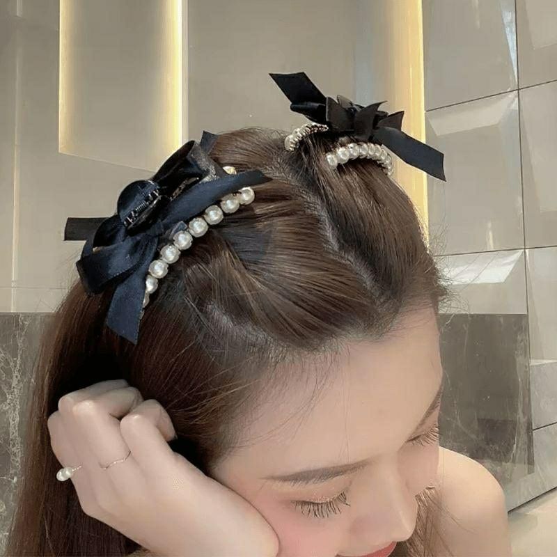 Kẹp tóc cá mập đính nơ ngọc trai nhân tạo thời trang